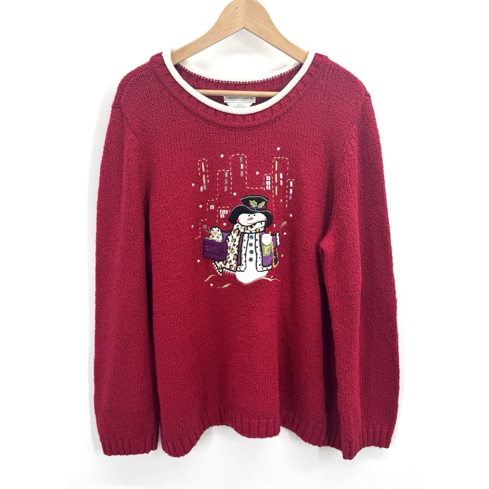 Womens 1X 2X Sweater Red Snowman Knit Holiday Winter Hand Embroidered Roll Neck
